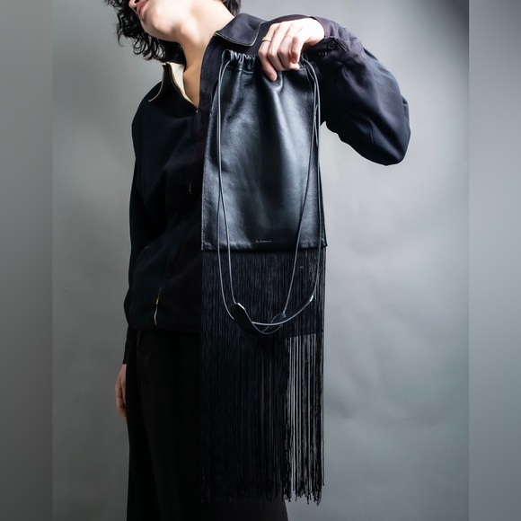 Jil Sander Designer Black Leather Tassle Fringe Unique Smooth Bag Handbag Should - Picture 9 of 16